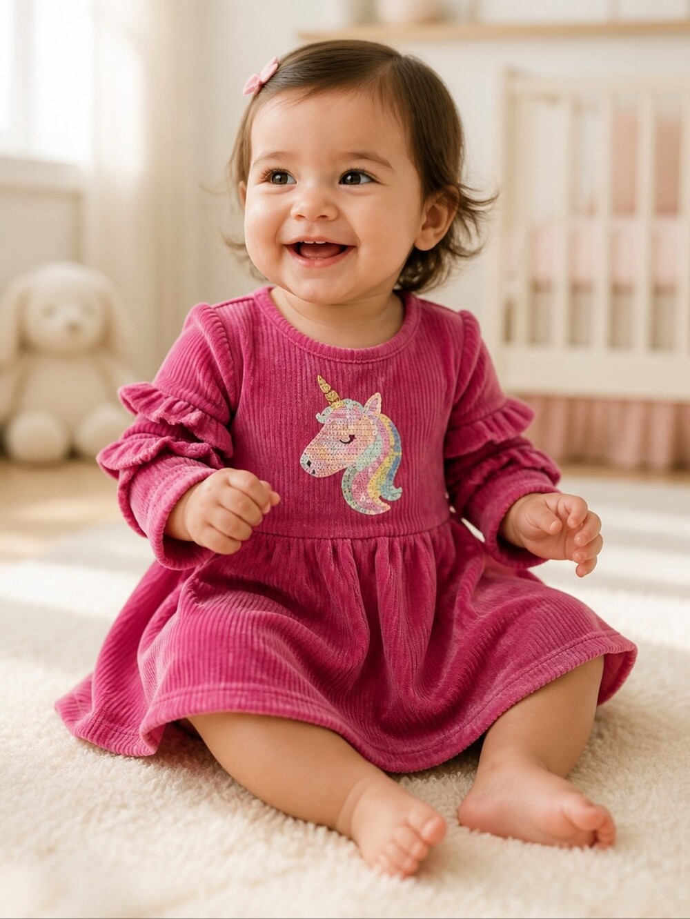 Young Hearts Unicorn Dress 12M Pink Chenille Sequin Ruffle Sleeve Twirl Baby